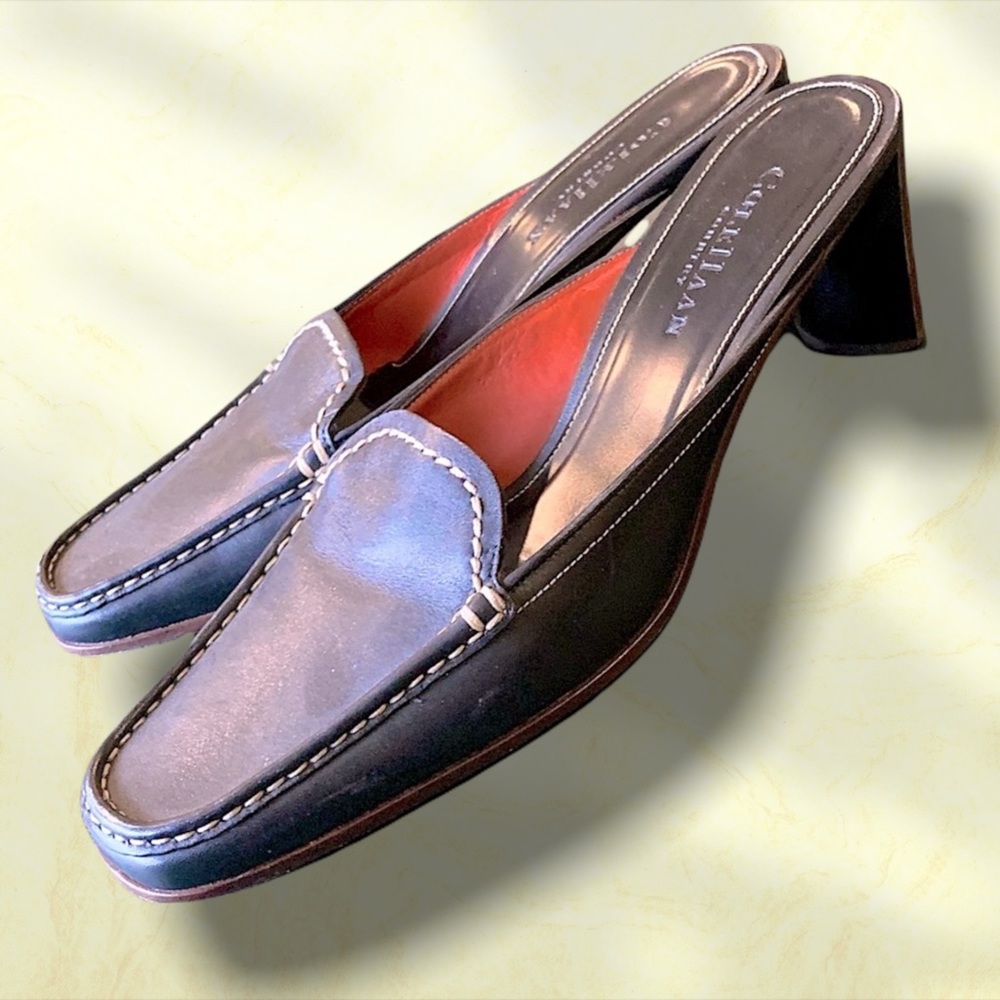 Cole Haan Square Toe Black Leather Loafer Mules w Wooden Stacked Low Heel Size 8 - Picture 3 of 16